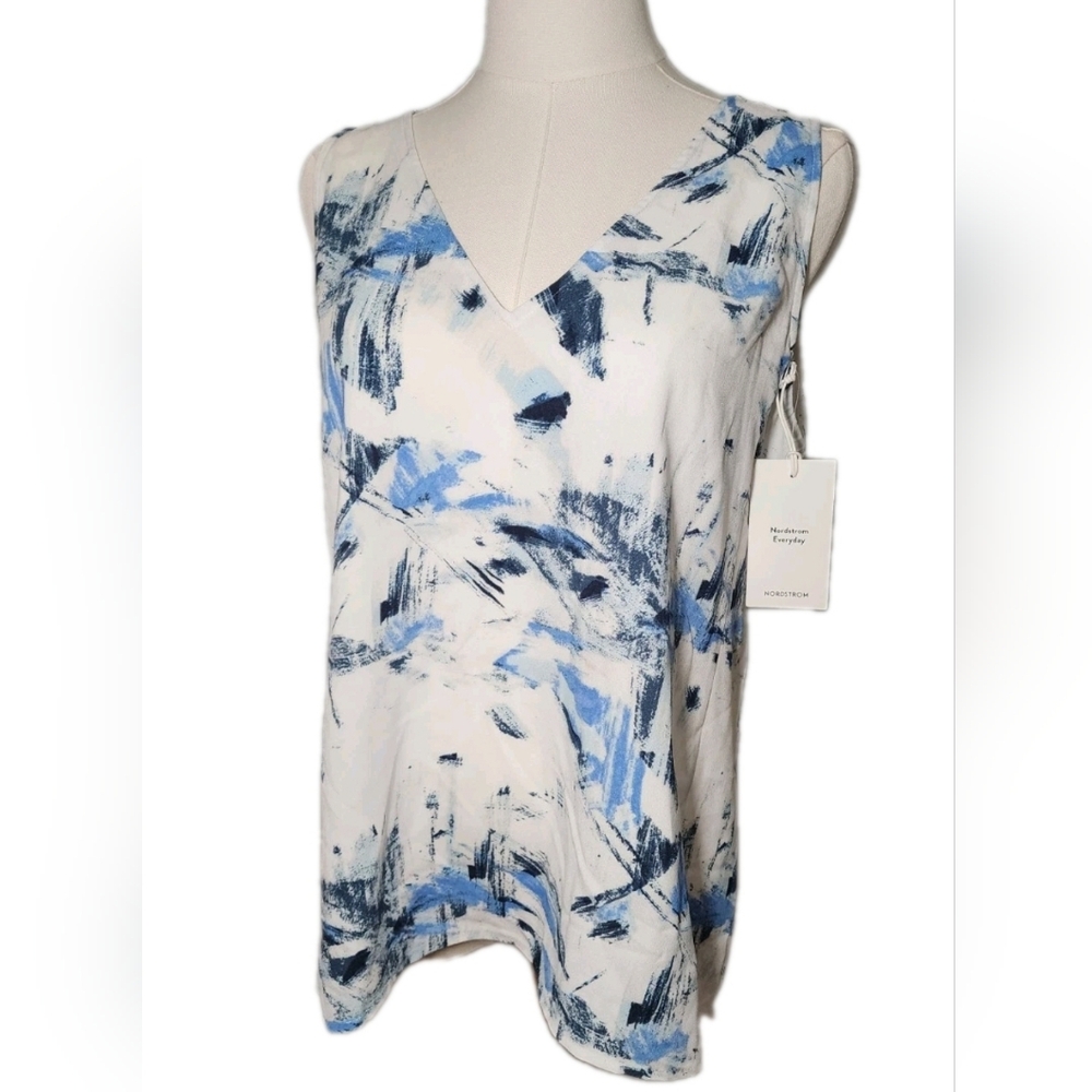Nordstrom Sleeveless Top Blouse Retro Print Casual V-Neck Office Shirt Size M